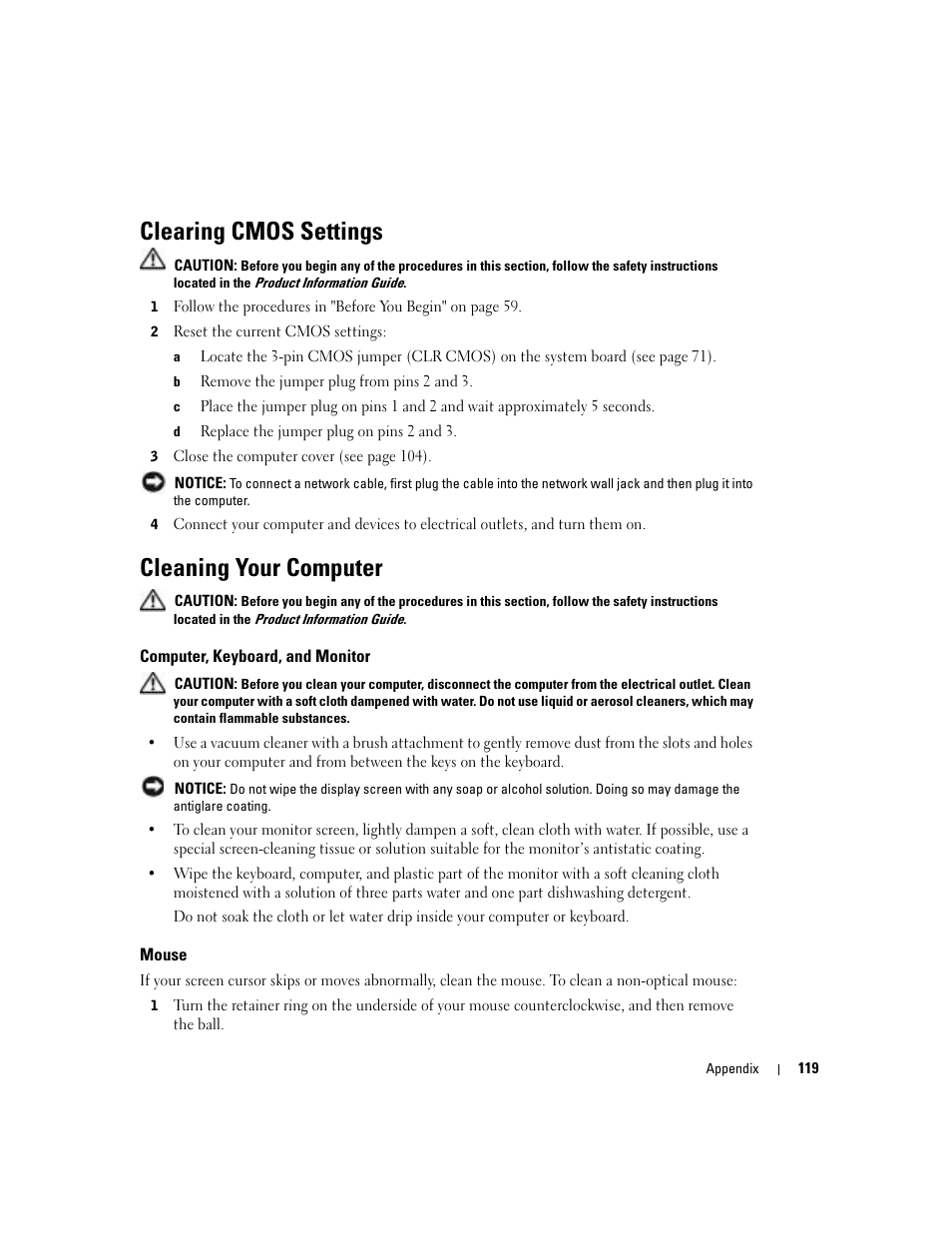 Clearing cmos settings, Cleaning your computer, Computer, keyboard, and monitor | Mouse | Dell Dimension 8400 User Manual | Page 119 / 146