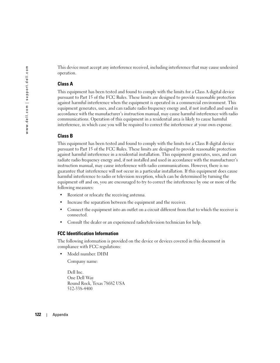 Class a, Class b, Fcc identification information | Dell Dimension 8400 User Manual | Page 122 / 146