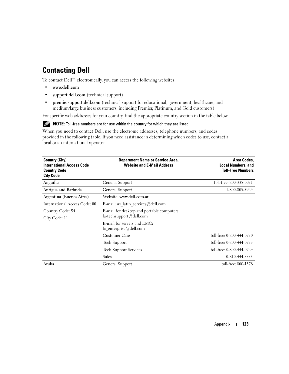 Contacting dell | Dell Dimension 8400 User Manual | Page 123 / 146