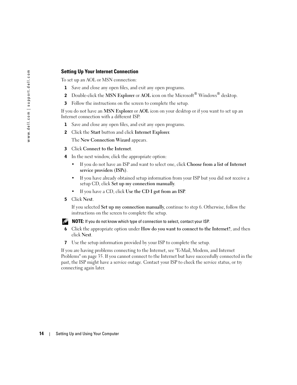 Setting up your internet connection | Dell Dimension 8400 User Manual | Page 14 / 146