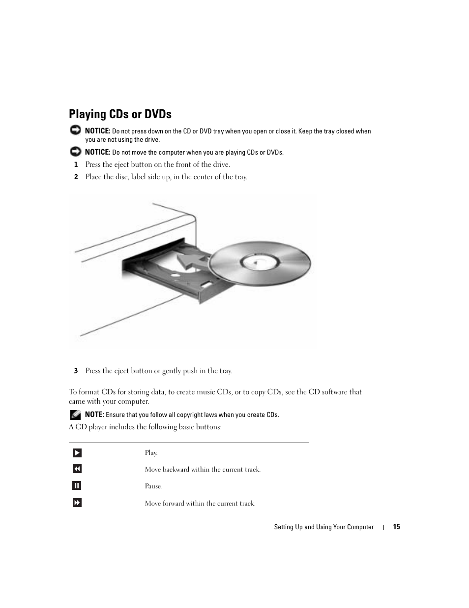 Playing cds or dvds | Dell Dimension 8400 User Manual | Page 15 / 146
