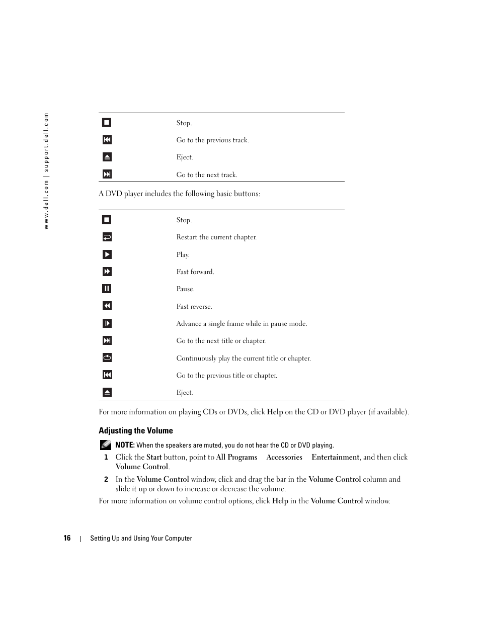 Adjusting the volume | Dell Dimension 8400 User Manual | Page 16 / 146