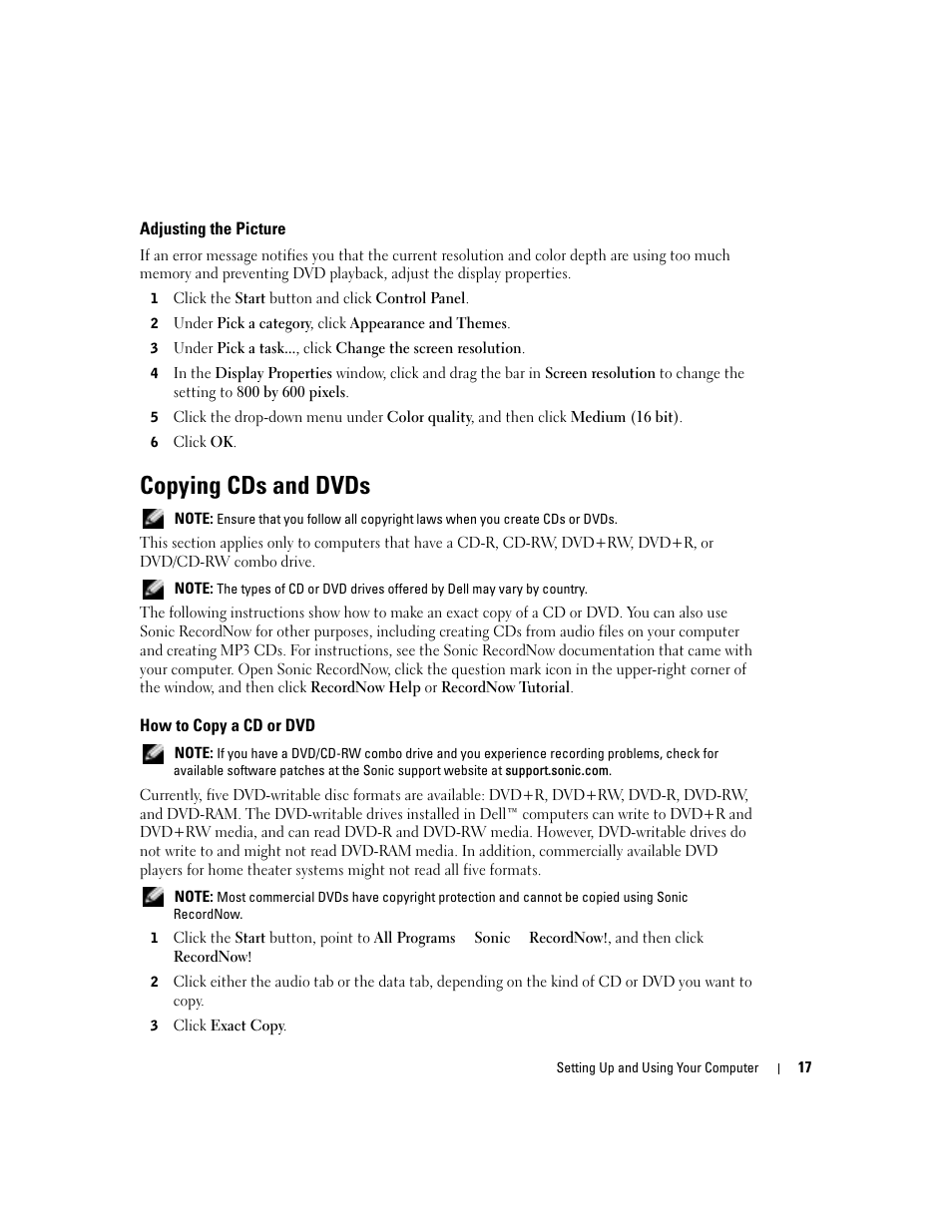 Adjusting the picture, Copying cds and dvds, How to copy a cd or dvd | Dell Dimension 8400 User Manual | Page 17 / 146