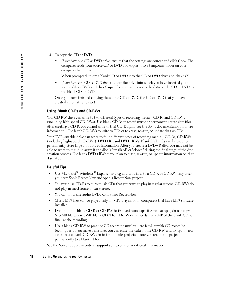 Using blank cd-rs and cd-rws, Helpful tips | Dell Dimension 8400 User Manual | Page 18 / 146