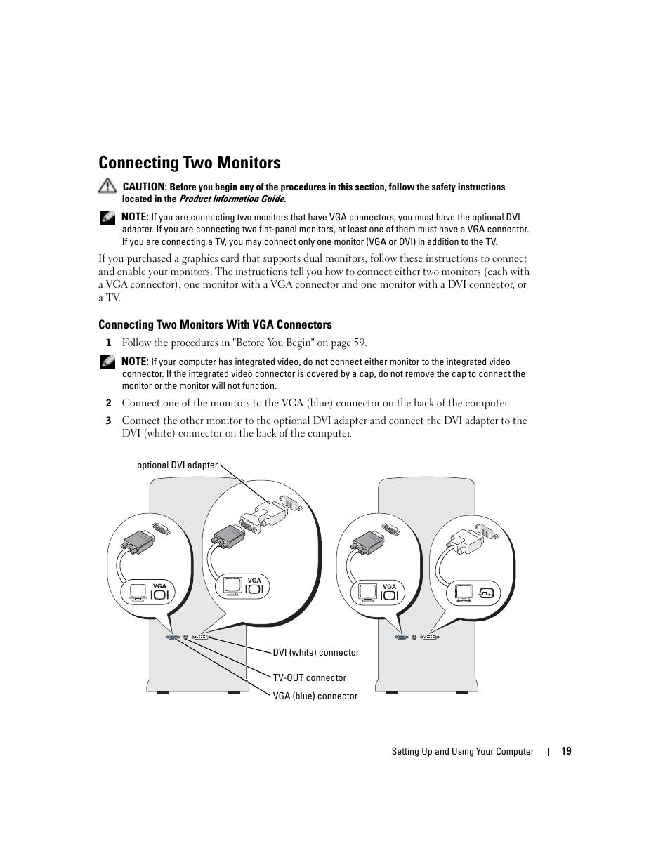 Connecting two monitors, Connecting two monitors with vga connectors | Dell Dimension 8400 User Manual | Page 19 / 146