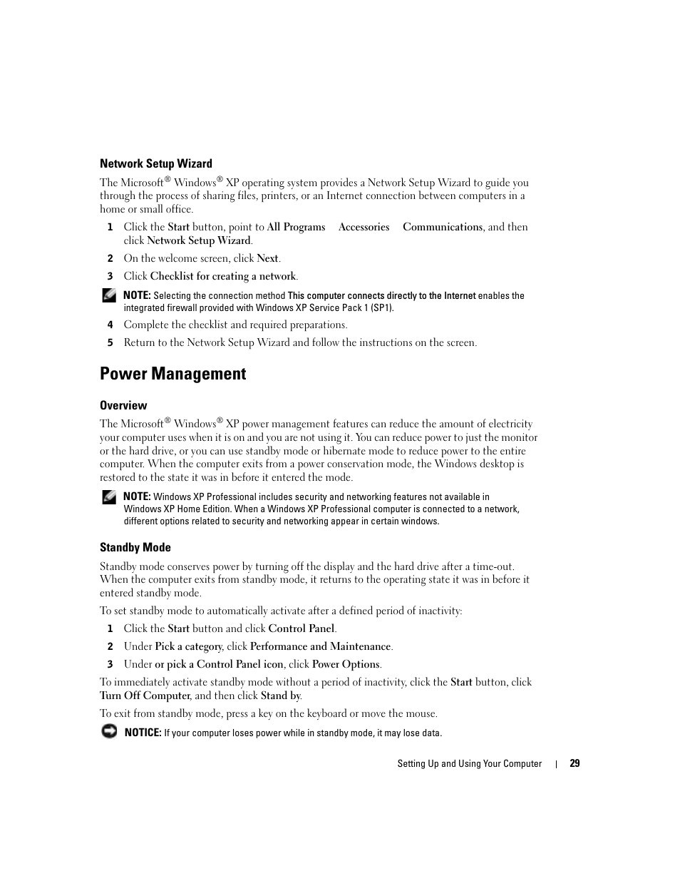 Network setup wizard, Power management, Overview | Standby mode | Dell Dimension 8400 User Manual | Page 29 / 146