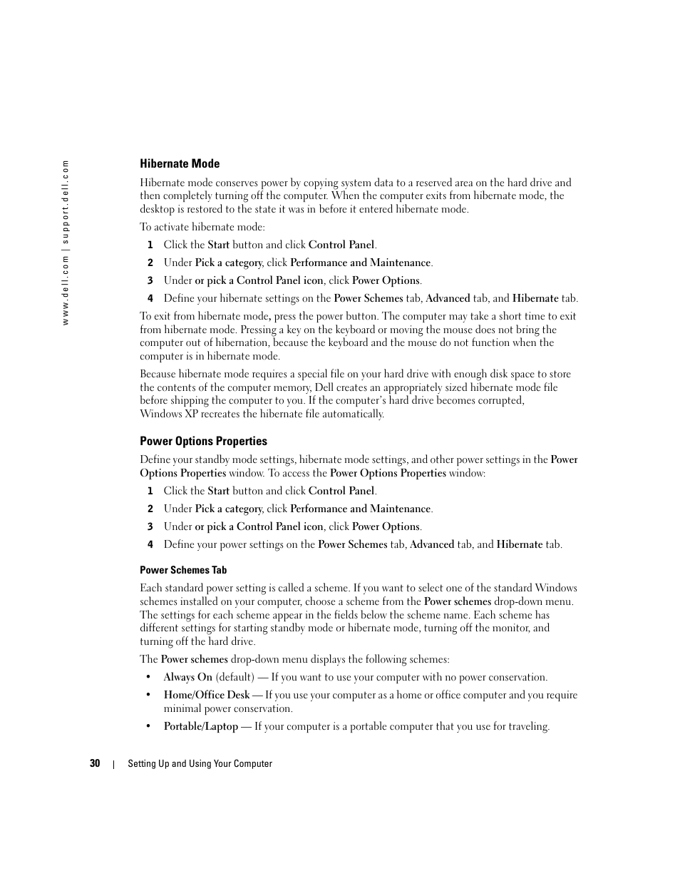 Hibernate mode, Power options properties | Dell Dimension 8400 User Manual | Page 30 / 146