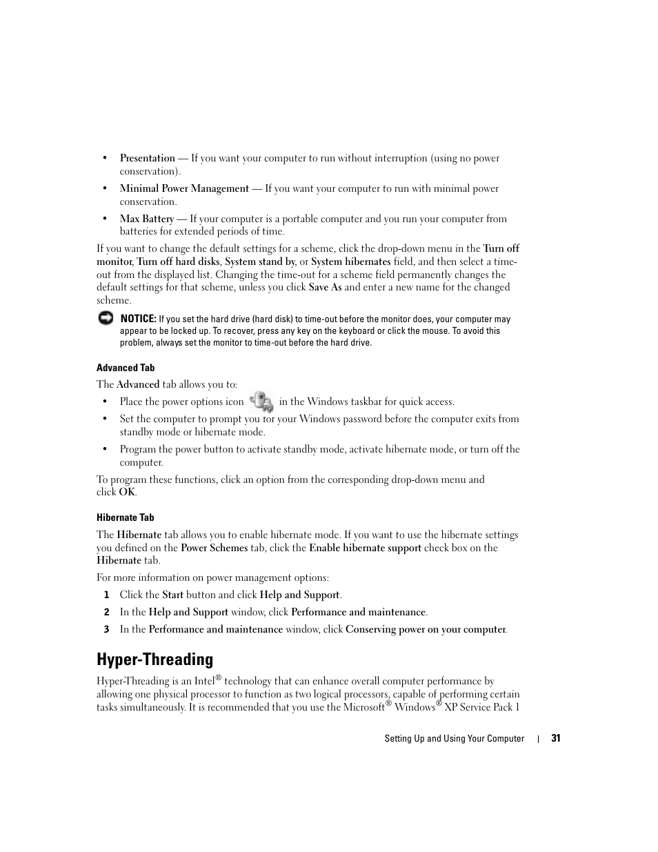 Hyper-threading, Tab, advanced tab, and hibernate | Dell Dimension 8400 User Manual | Page 31 / 146