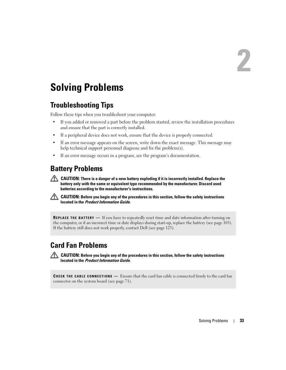 Solving problems, Troubleshooting tips, Battery problems | Card fan problems | Dell Dimension 8400 User Manual | Page 33 / 146