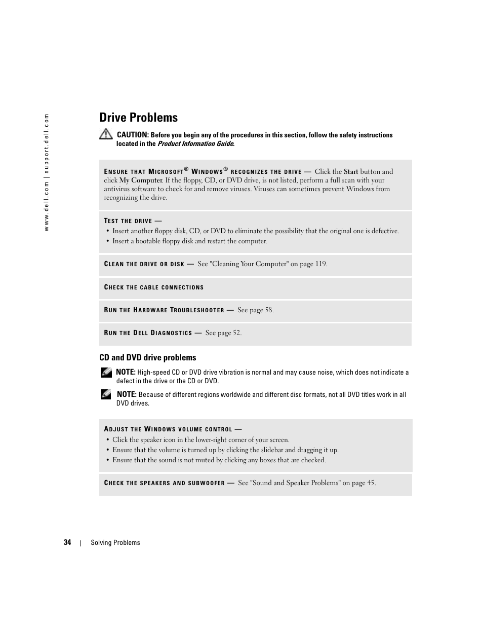 Drive problems, Cd and dvd drive problems | Dell Dimension 8400 User Manual | Page 34 / 146