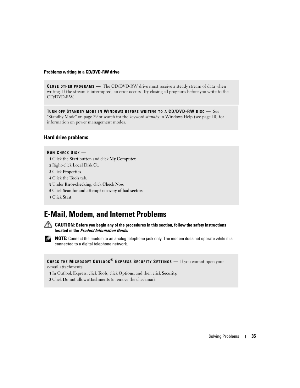 Hard drive problems, E-mail, modem, and internet problems | Dell Dimension 8400 User Manual | Page 35 / 146