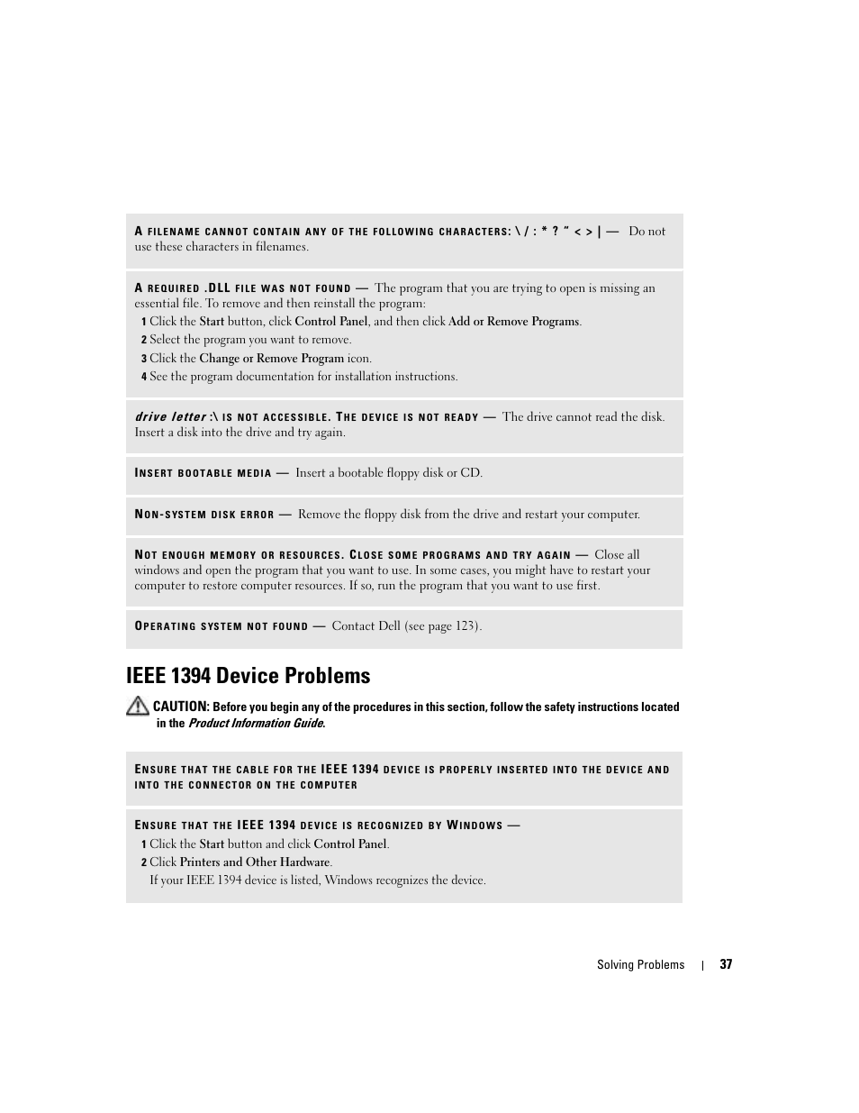 Ieee 1394 device problems | Dell Dimension 8400 User Manual | Page 37 / 146