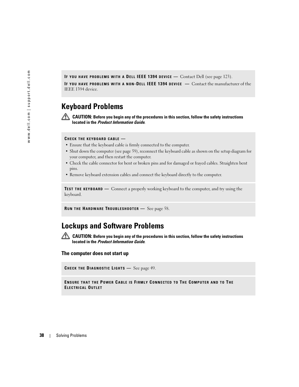 Keyboard problems, Lockups and software problems, The computer does not start up | Button, click control panel, and then click, See the program documentation, Perating, System, Found, I e e e 1 3 9 4, Device | Dell Dimension 8400 User Manual | Page 38 / 146