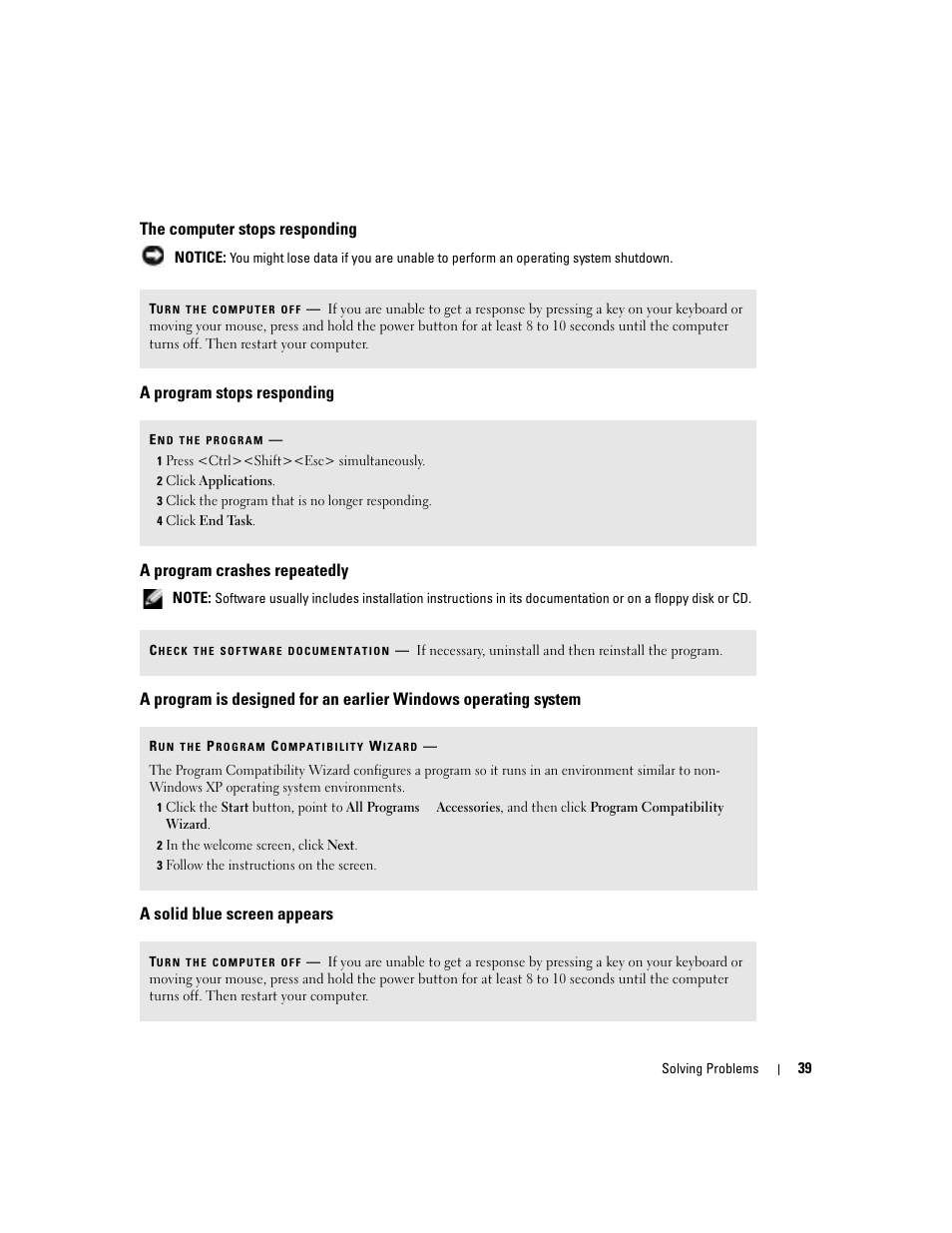 The computer stops responding, A program stops responding, A program crashes repeatedly | A solid blue screen appears | Dell Dimension 8400 User Manual | Page 39 / 146