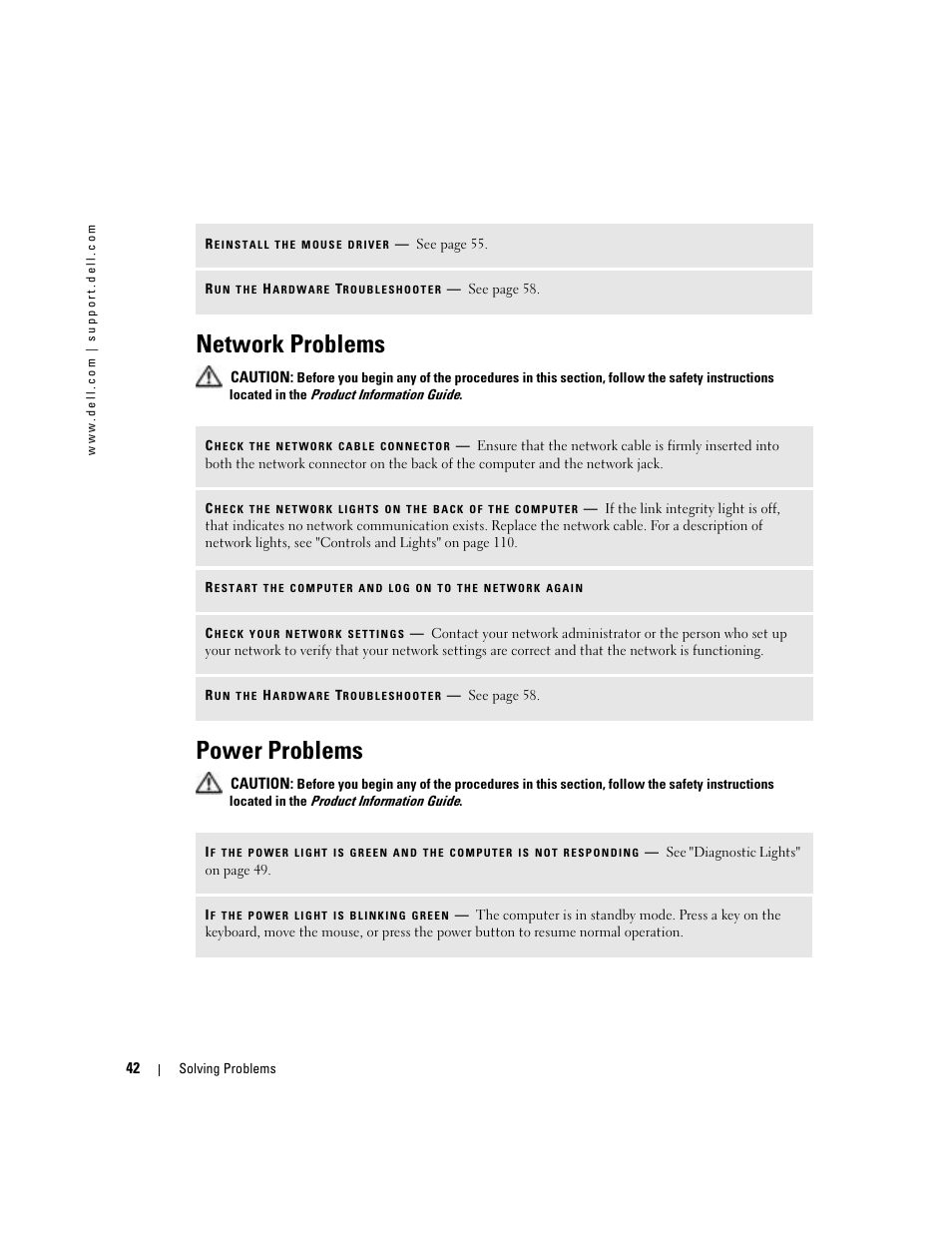 Network problems, Power problems, Computer | Dell Dimension 8400 User Manual | Page 42 / 146