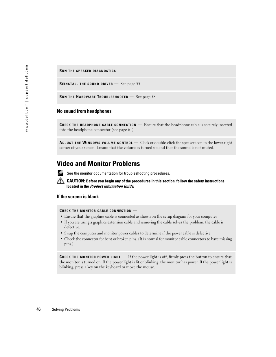 No sound from headphones, Video and monitor problems, If the screen is blank | Dell Dimension 8400 User Manual | Page 46 / 146