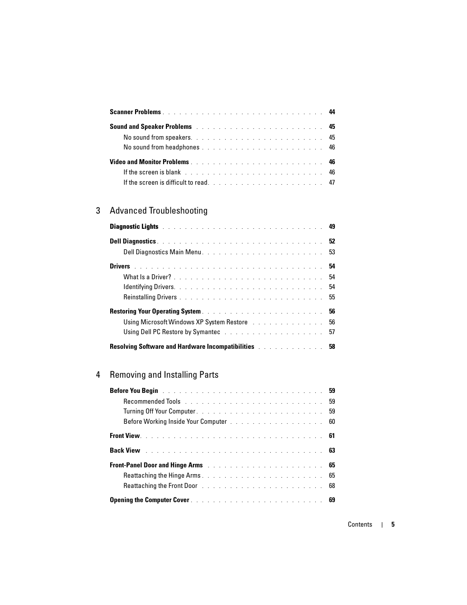 3advanced troubleshooting, 4removing and installing parts | Dell Dimension 8400 User Manual | Page 5 / 146