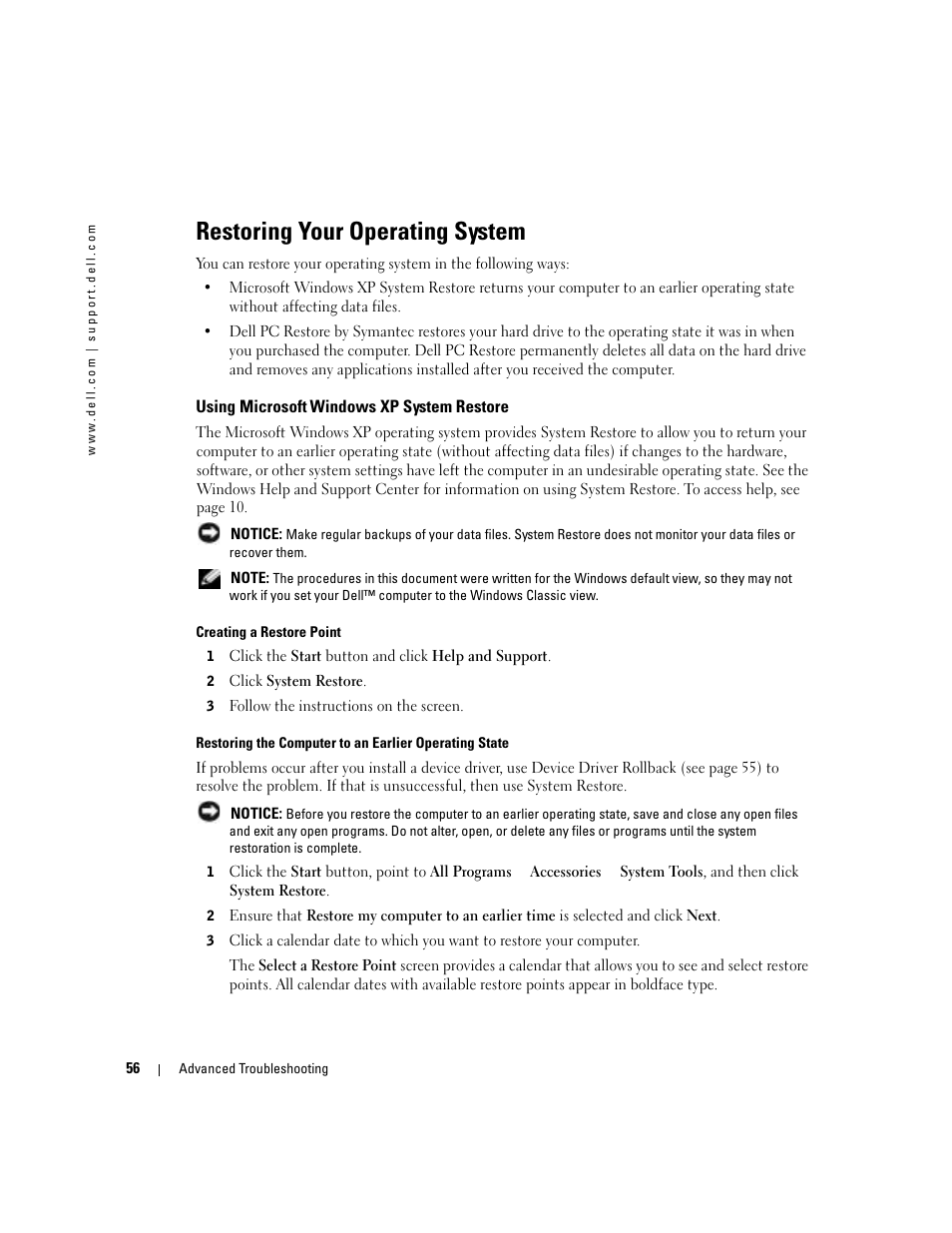 Restoring your operating system, Using microsoft windows xp system restore, Using microsoft | Dell Dimension 8400 User Manual | Page 56 / 146