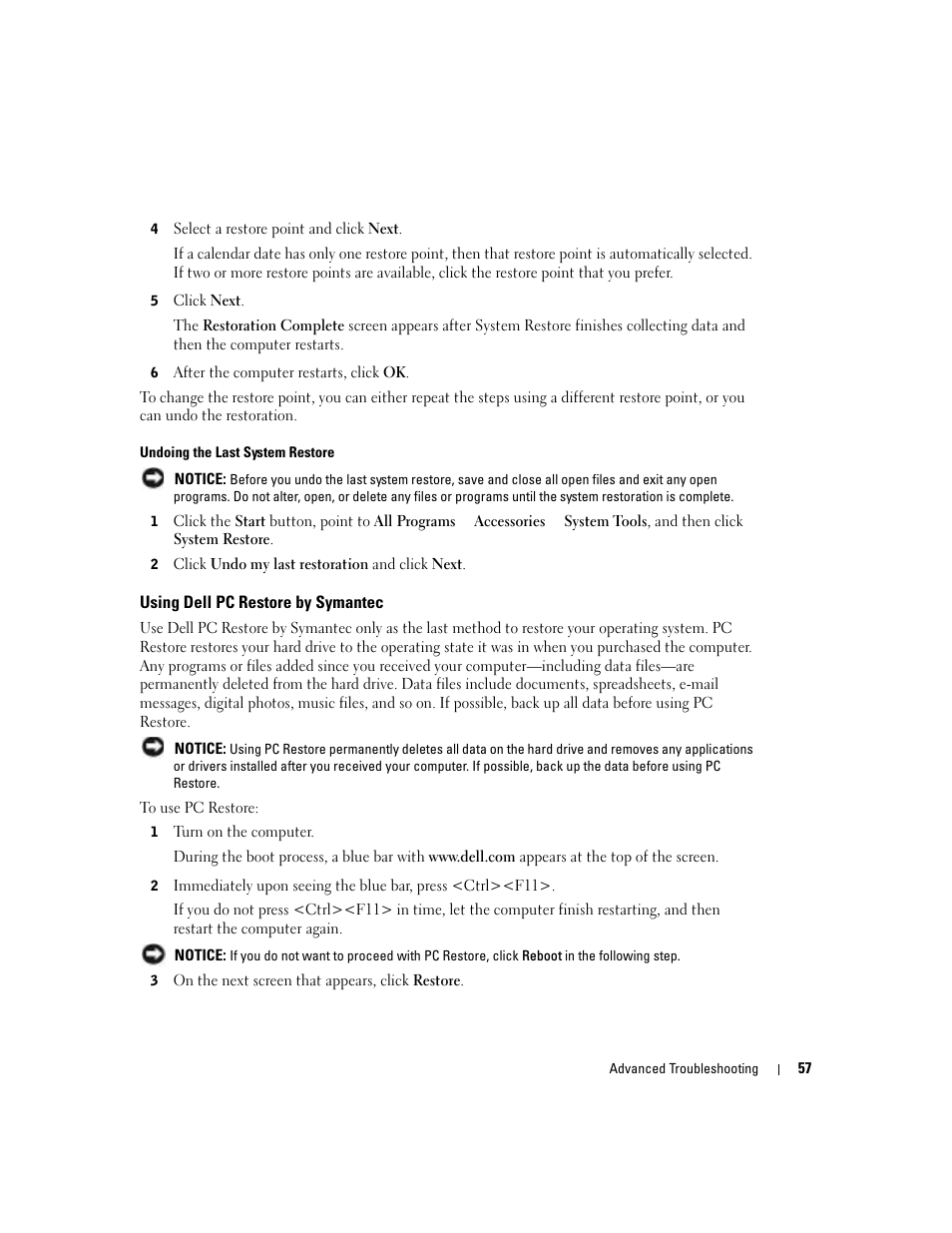 Using dell pc restore by symantec | Dell Dimension 8400 User Manual | Page 57 / 146
