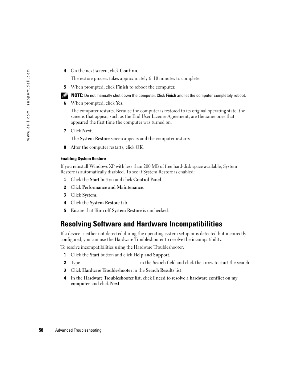 Resolving software and hardware incompatibilities | Dell Dimension 8400 User Manual | Page 58 / 146