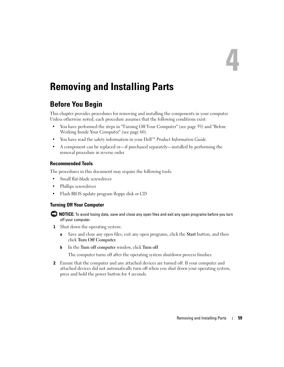 Removing and installing parts, Before you begin, Recommended tools | Turning off your computer | Dell Dimension 8400 User Manual | Page 59 / 146