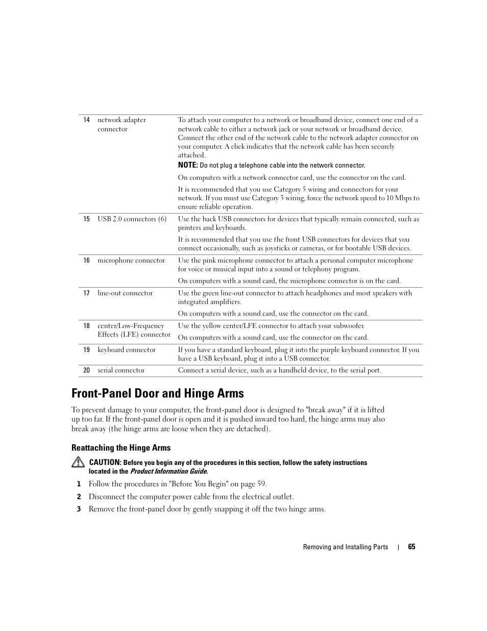 Front-panel door and hinge arms, Reattaching the hinge arms | Dell Dimension 8400 User Manual | Page 65 / 146