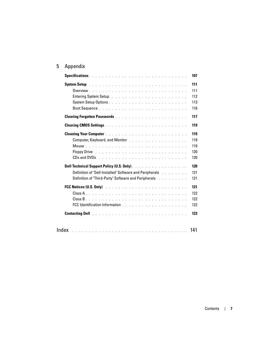 5appendix, Index | Dell Dimension 8400 User Manual | Page 7 / 146