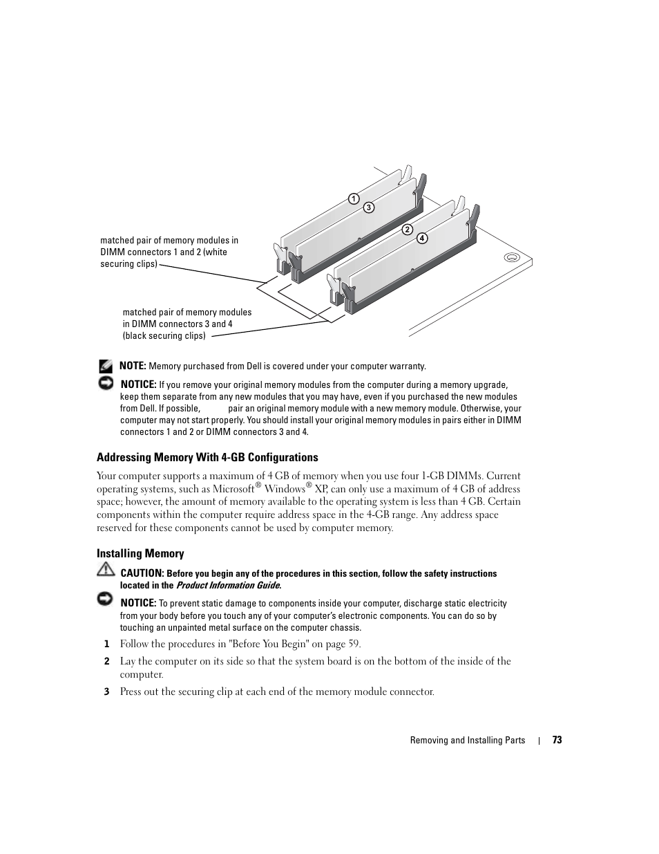 Addressing memory with 4-gb configurations, Installing memory | Dell Dimension 8400 User Manual | Page 73 / 146