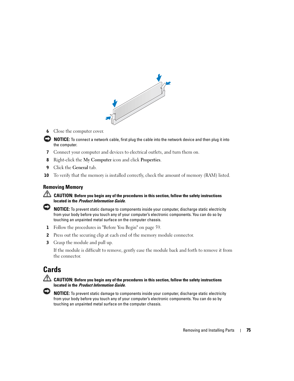 Removing memory, Cards | Dell Dimension 8400 User Manual | Page 75 / 146