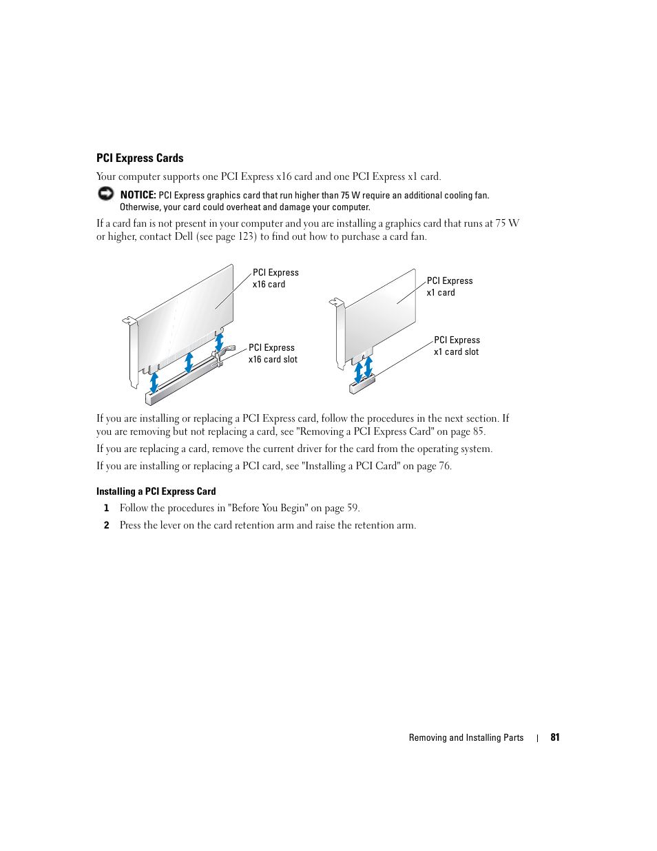 Pci express cards | Dell Dimension 8400 User Manual | Page 81 / 146