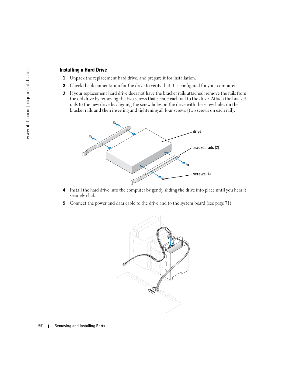 Installing a hard drive | Dell Dimension 8400 User Manual | Page 92 / 146