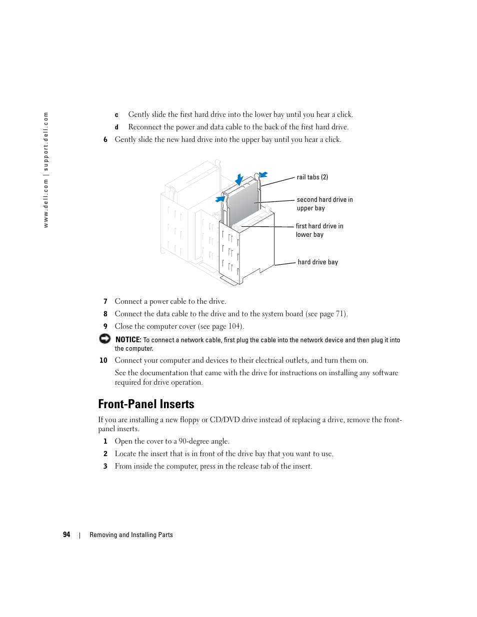 Front-panel inserts | Dell Dimension 8400 User Manual | Page 94 / 146