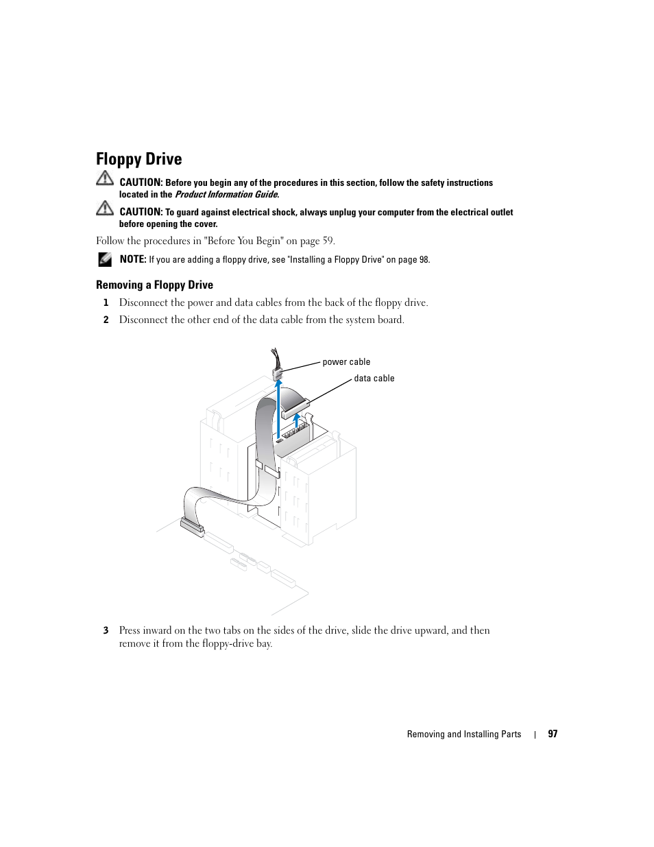 Floppy drive, Removing a floppy drive | Dell Dimension 8400 User Manual | Page 97 / 146