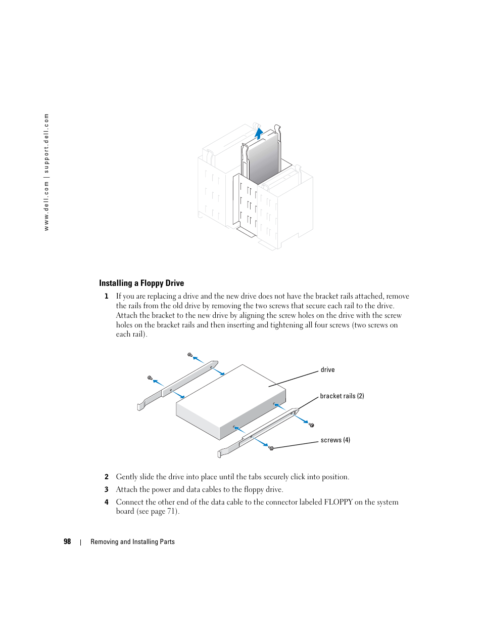 Installing a floppy drive | Dell Dimension 8400 User Manual | Page 98 / 146