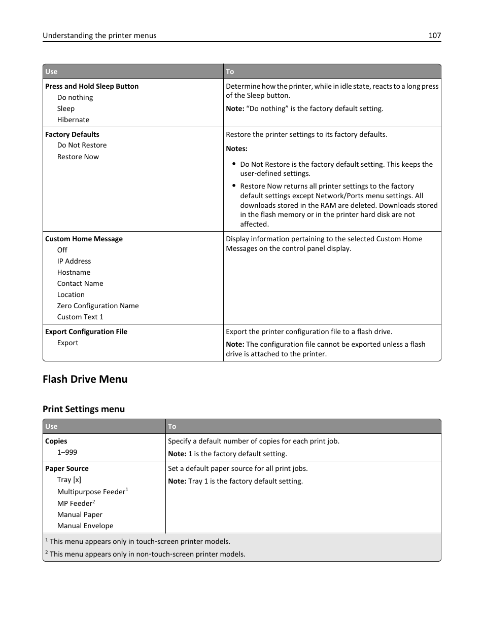 Flash drive menu, Print settings menu | Dell B5460dn Mono Laser Printer User Manual | Page 107 / 226