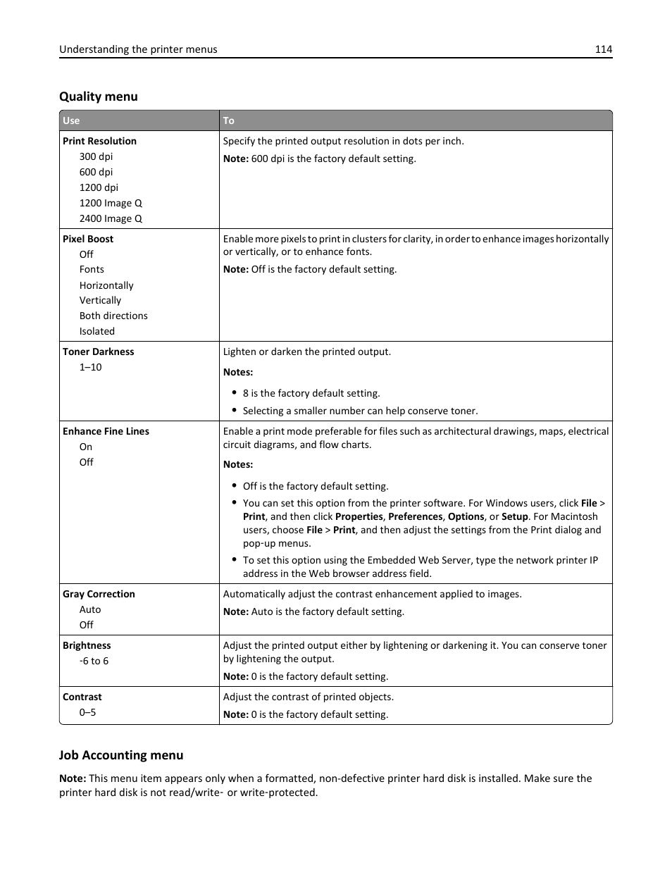 Quality menu, Job accounting menu | Dell B5460dn Mono Laser Printer User Manual | Page 114 / 226