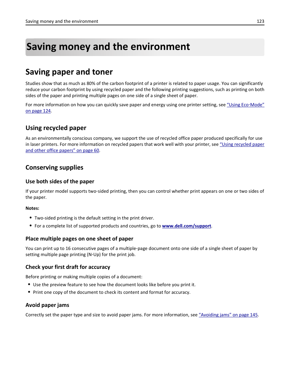 Saving money and the environment, Saving paper and toner, Using recycled paper | Conserving supplies | Dell B5460dn Mono Laser Printer User Manual | Page 123 / 226