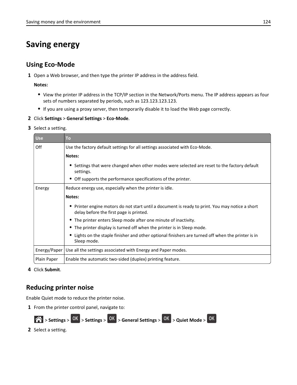 Saving energy, Using eco-mode, Reducing printer noise | Using eco, Mode, Using eco ‑ mode | Dell B5460dn Mono Laser Printer User Manual | Page 124 / 226