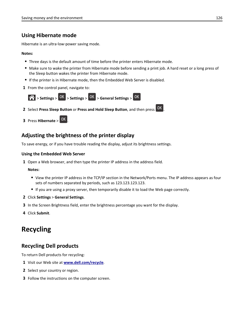 Using hibernate mode, Adjusting the brightness of the printer display, Recycling | Recycling dell products | Dell B5460dn Mono Laser Printer User Manual | Page 126 / 226