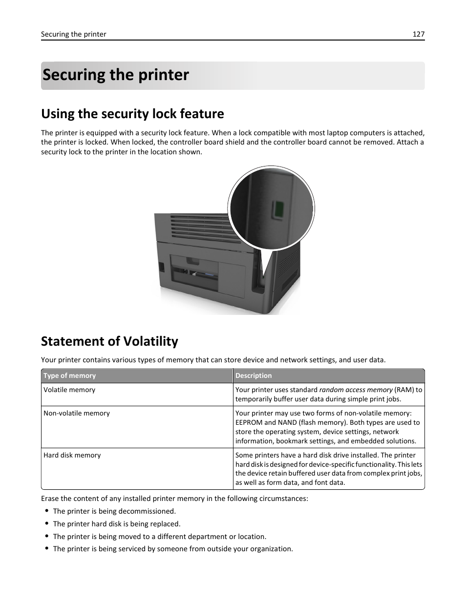 Securing the printer, Using the security lock feature, Statement of volatility | Dell B5460dn Mono Laser Printer User Manual | Page 127 / 226