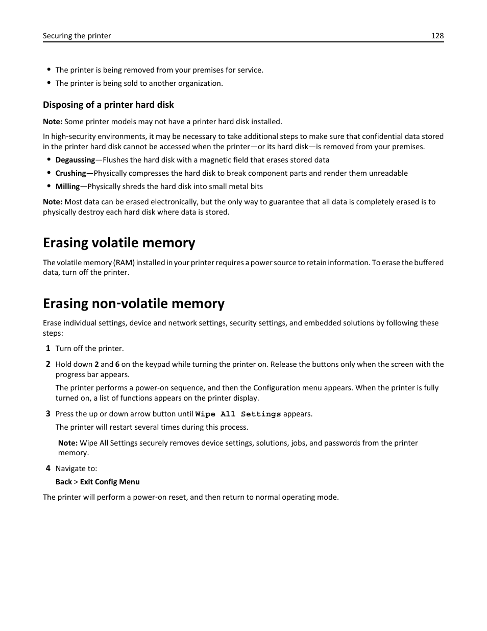 Erasing volatile memory, Erasing non-volatile memory, Erasing non | Volatile memory | Dell B5460dn Mono Laser Printer User Manual | Page 128 / 226