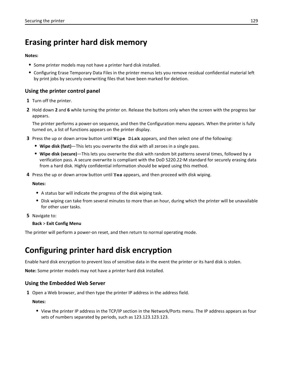 Erasing printer hard disk memory, Configuring printer hard disk encryption | Dell B5460dn Mono Laser Printer User Manual | Page 129 / 226