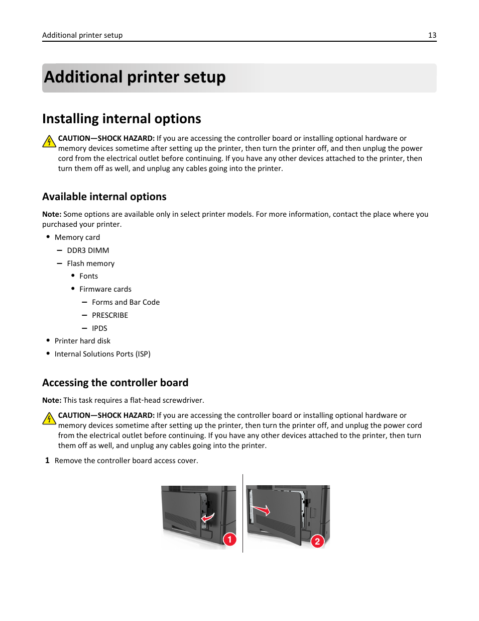 Additional printer setup, Installing internal options, Available internal options | Accessing the controller board | Dell B5460dn Mono Laser Printer User Manual | Page 13 / 226