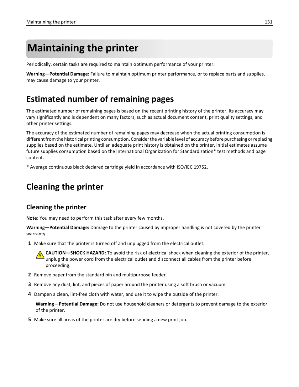 Maintaining the printer, Cleaning the printer, Estimated number of remaining pages | Dell B5460dn Mono Laser Printer User Manual | Page 131 / 226