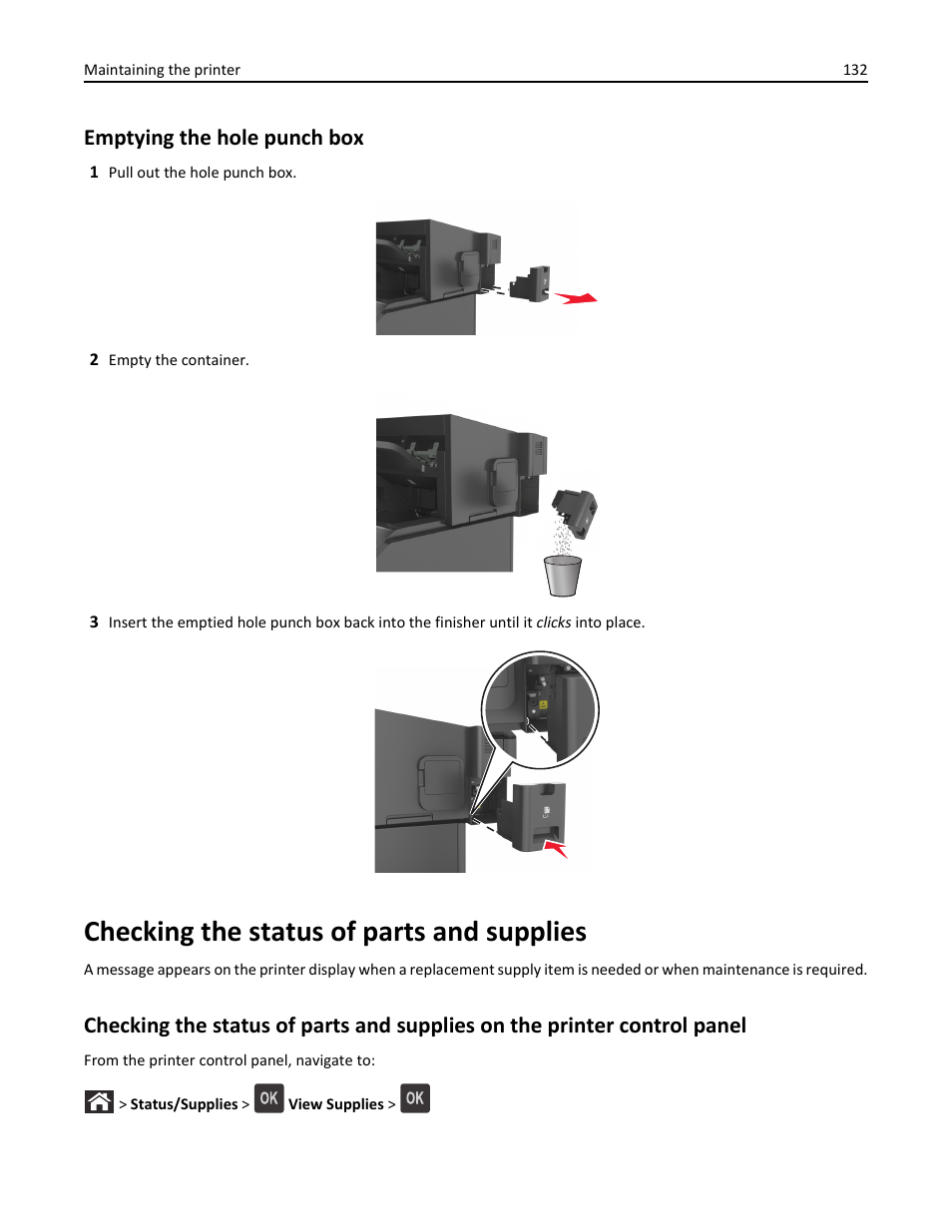 Emptying the hole punch box, Checking the status of parts and supplies | Dell B5460dn Mono Laser Printer User Manual | Page 132 / 226