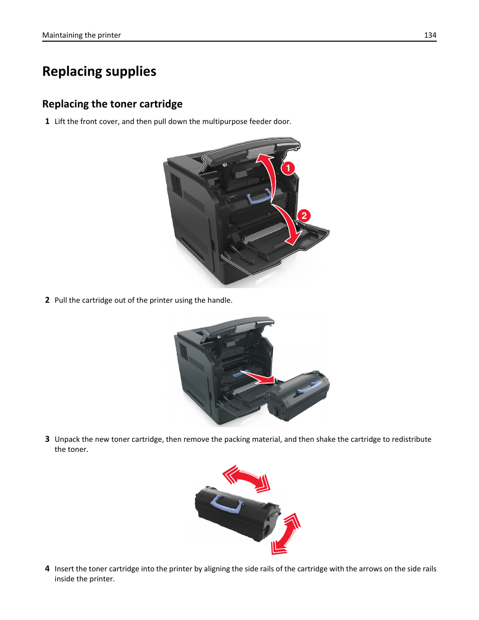 Replacing supplies, Replacing the toner cartridge | Dell B5460dn Mono Laser Printer User Manual | Page 134 / 226