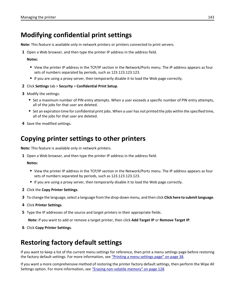 Modifying confidential print settings, Copying printer settings to other printers, Restoring factory default settings | Dell B5460dn Mono Laser Printer User Manual | Page 143 / 226