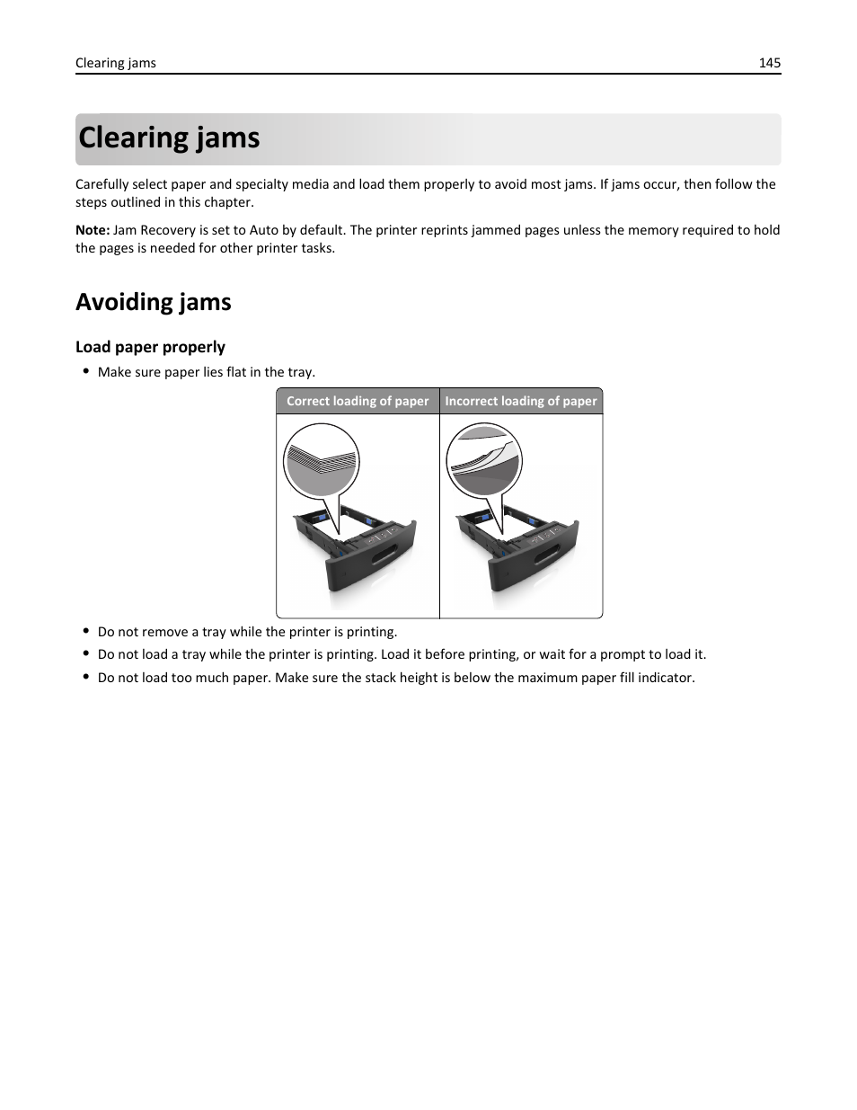 Clearing jams, Avoiding jams | Dell B5460dn Mono Laser Printer User Manual | Page 145 / 226