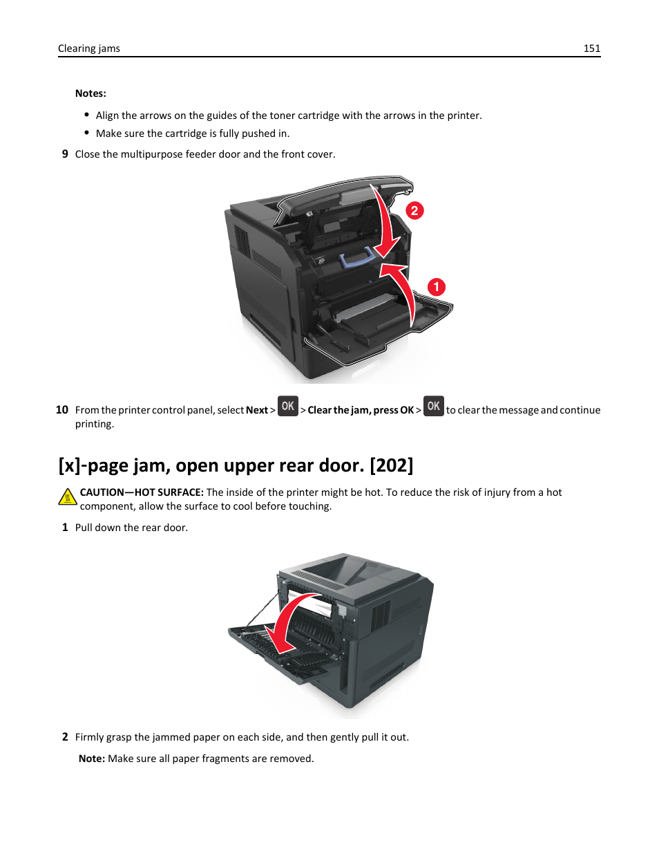 X] ‑ page jam, open upper rear door. [202 | Dell B5460dn Mono Laser Printer User Manual | Page 151 / 226