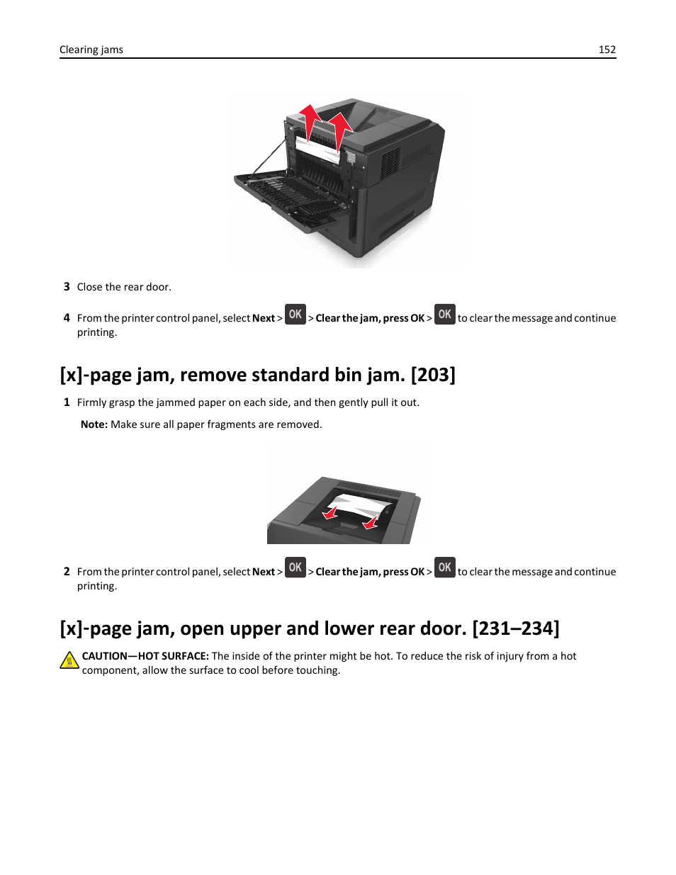 X] ‑ page jam, remove standard bin jam. [203 | Dell B5460dn Mono Laser Printer User Manual | Page 152 / 226